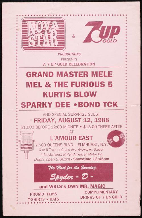 Grand Master Mele, Mel & The Furious 5, Kurtis Blow, Sparky Dee, Bond Tck, at L'Amour East, Elmhurst, NY, August 12, 1988