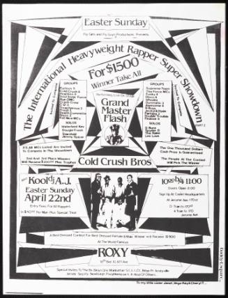The International Heavyweight Rapper Super Showdown, Part 2: performing live on stage, Grand Master Flash, Cold Crush Brothers, also Kool DJ A.J., at the Roxy, New York, NY, April 22, 1984