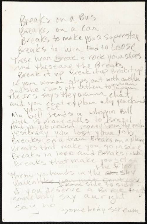 "The Breaks" Handwritten Lyrics by Kurtis Blow