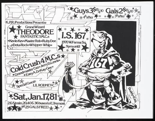 Grand Wizard Theodore, Fantastic 5 M.C.s, Cold Crush 4 M.C.s, special guest, Lil Rodney C, at I.S. 167, New York, NY, January 17, 1981