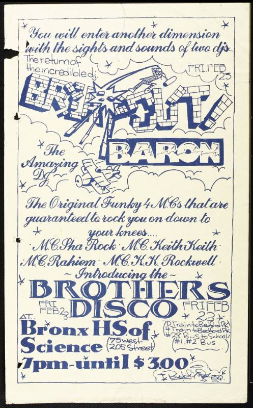 The Brothers Disco: DJ Breakout, DJ Baron, the Funky 4 MCs, at Bronx H.S. of Science, Bronx, New York, NY, February 23, 1979