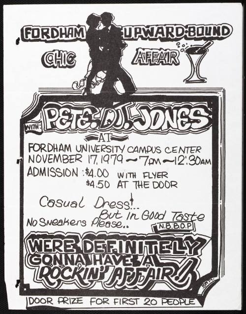 Fordham Upward-Bound Chic Affair:  with Pete. DJ. Jones, at Fordham University Campus Center, New York, NY, November 17, 1979