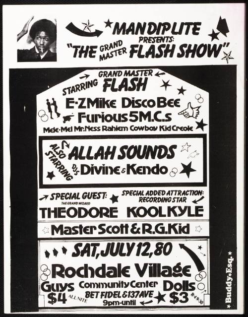 Grand Master Flash [i.e., Grandmaster Flash], E-Z Mike, Disco Bee, Furious 5 M.C.s, Allah Sounds, DJs Divine & Kendo, The Grand Wizard Theodore, Kool Kyle, Master Scott & R.G. Kid, at the Rochdale Village Community Center, New York, NY, July 12, 1980