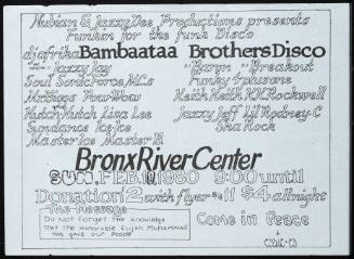 DJ Afrika Bambaataa, Brothers Disco, The original D.J. Jazzy Jay, D.J. Baron, D.J. Breakout, Soul Sonic Force M.C.s, Funky 4 Plus One, at the Bronx River Center, New York, NY, February 10, 1980