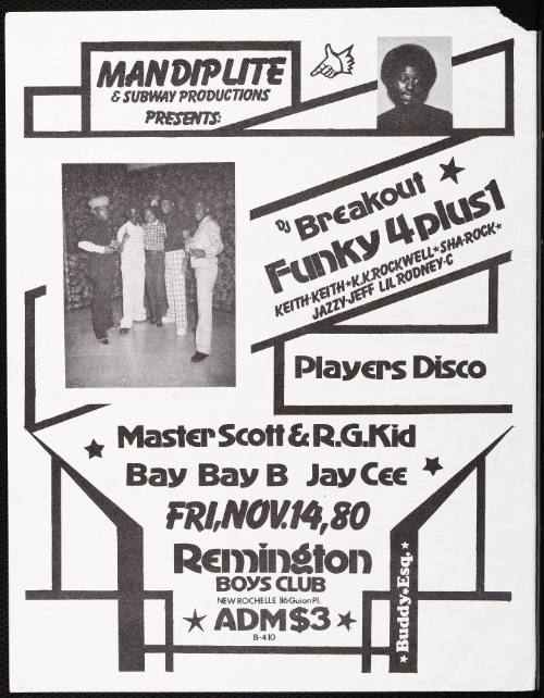 DJ Breakout, Funky 4 Plus 1, Players Disco, Master Scott & R.G. Kid, Bay Bay B, Jay Cee, at the Remington Boys Club, New Rochelle, NY, November 14, 1980