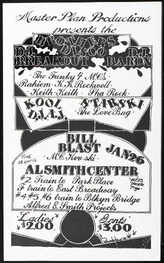 The Brothers Disco, D.J. Breakout, D.J. Baron, The Funk 4 M.C.'s, Kool D.J. A.J., Starski the Lovebug, Bill Blast, M.C. Kev-Ski, at the Al Smith Center, New York, NY, January 26, 1979