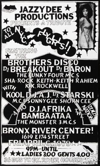 The Brothers Disco: DJ Breakout, DJ Baron, the Funky Four MCs, Kool DJ A.J., DJ Starski, MC Sonny Gee, MC Shorn Cee, DJ Afrika Bambaataa and the Zulu Nation, the Monster 3 MCs, at the Bronx River Center, New York, NY, April 6, 1979