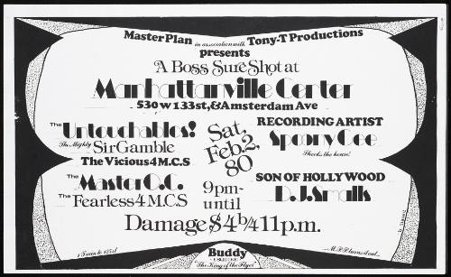 The Untouchables, The Mighty Sir Gamble, The Vicious 4 M.C.S, The Master O.C., The Fearless 4 M.C.S, Spoony Gee, D.J. Smalls, at Manhattanville Center, New York, NY, February 2, 1980