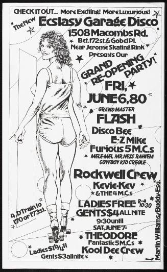 Grand Re-Opening Party: Grandmaster Flash, Disco Bee, E-Z Mike, Furious 5 M.C.s, Rockwell Crew, at the Ecstasy Garage Disco, New York, NY, June 6, 1980