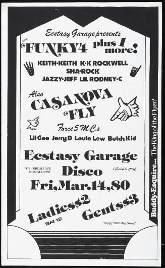 The Funky 4 Plus One More, also Casanova Fly, Force 5 M.C.s, at the Ecstasy Garage Disco, New York, NY, March 14, 1980