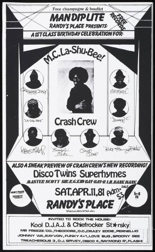 M.C. La-Shu-Bee, Crash Crew, Disco Twins, Superhymes, Master Scott, Sir R.G. Kid, Bay-Bay B., Lil Bank Hank, at Randy's Place, New York, NY, April 11, 1981