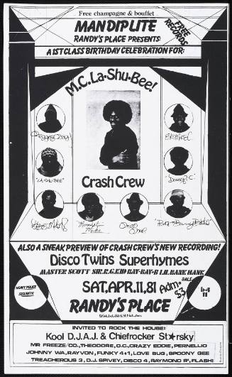 M.C. La-Shu-Bee, Crash Crew, Disco Twins, Superhymes, Master Scott, Sir R.G. Kid, Bay-Bay B., Lil Bank Hank, at Randy's Place, New York, NY, April 11, 1981