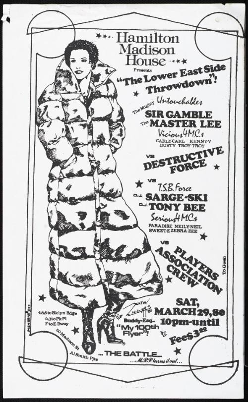 The Lower East Side Throwdown: The Untouchables, The Mighty Sir Gamble, The Master Lee, Vicious 4 M.C.s, Destructive Force, T.S.B. Force, DJ Sarge-Ski, DJ Tony Bee, Serious 4 M.C.s, Players Association Crew, at the Hamilton Madison House, New York, NY, Ma