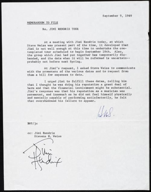 Memo Regarding Tour Cancellation Signed by Henry Steingarten and Jimi Hendrix, September 9, 1969