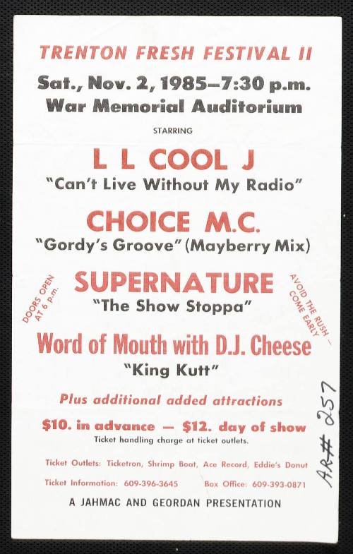Trenton Fresh Festival II:  LL Cool J, Choice M.C., Supernature, Word of Mouth with D.J. Cheese, at War Memorial Auditorium, Trenton, NJ, November 2, 1985