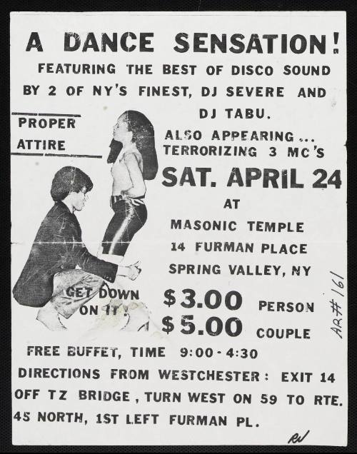 A Dance Sensation! Featuring the Best of Disco Sound by 2 of NY's Finest, DJ Severe and DJ Tabu, Spring Valley, NY, April 24, 1982