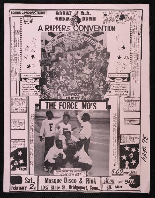 Great M.C. Show Down:  A Rappers Convention:  special guest, the Force Md's, at Mosque Disco & Rink, Bridgeport, CT, February 2, 1985.