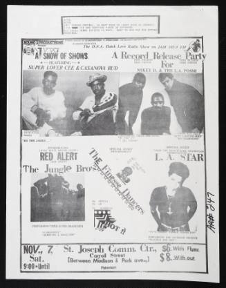 A  Record Release Party for:  Super Lover Cee & Casanova Rud, Mikey D. & the L.A. Posse, Red Alert, the Jungle Bro's, L.A. Star, the Finesse Dancers, at St. Joseph Comm. Center, Paterson, NJ, November 7, 1987.