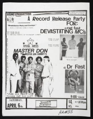A  Record Release Party for:  Devastating Mc's, Master Don, DJ Dr Fast, at Yerwood Center, Stanford, CT, April 6, 1985.
