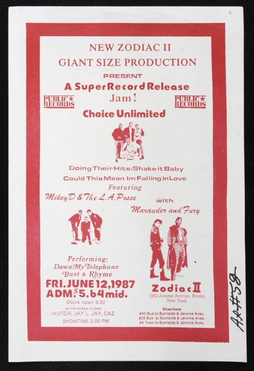 A  Super Record Release Jam with Choice Unlimited, Mikey-D & the L.A. Posse, Marauder and Fury, at Zodiac II, Bronx, NY, June 12, 1987