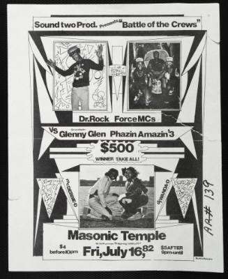 "Battle of the Crews":  Dr. Rock, Force MCs VS Glenny Glen Phazin Amazin'3, Debbie-D, Wanda-D, at the Masonic Temple, Spring Valley, NY, July 16, 1982