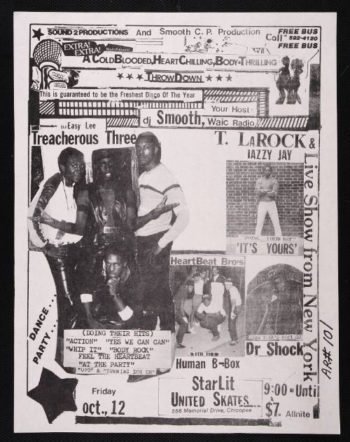 A  Cold Blooded, Heart Chilling, Body-Thrilling Throw Down with DJ Smooth, DJ Easy Lee, Treacherous Three, T. Larock & Iazzy Jay, Hearbreat Bro's, and Dr. Shock, at Starlit, Chicopee, MA, October 12, 1984