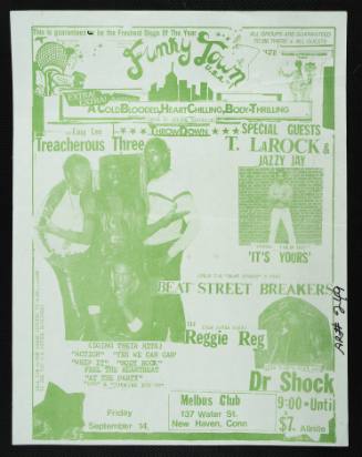 A  Cold Blooded, Heart Chilling, Body-thrilling Throw Down with DJ Easy Lee, Treacherous Three, T. Larock & Jazzy Jay, Beat Street Breakers, DJ Reggie Reg, and Dr. Shock, at the Melbus Club, New Haven, CT, September 14, 1984