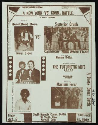 A New York vs Conn. Battle: Heartbeat Bro's vs Superior Crush, Charlie & Wayne, The Futuristic MC's, and Maxium Force, at South Norwalk Community Center, Norwalk, CT, October 5, 1984