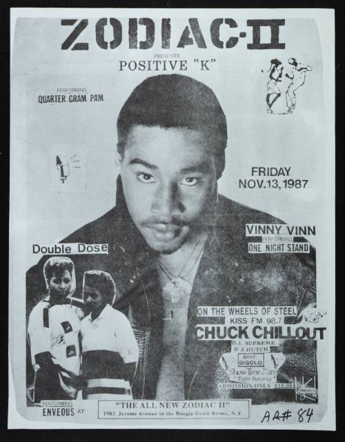 Positive "K", Double Dose, Vinny Vinn, Chuck Chillout, DJ Supreme, and DJ Hutch, at Zodiac II, Bronx, NY, November 13, 1987