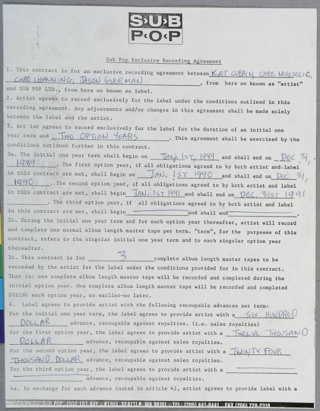 Contract between Nirvana and Sub Pop Records, 1989