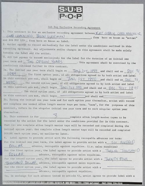 Contract between Nirvana and Sub Pop Records, 1989