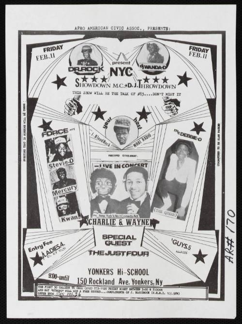 Afro American Civic Assoc. presents NYC's Showdown M.C.-D.J. Throwdown featuring Dr. Rock, DJ Wanda D, Force M.C.s, Yonkers Hi(sic) School, Yonkers, NY, February 11, 1983