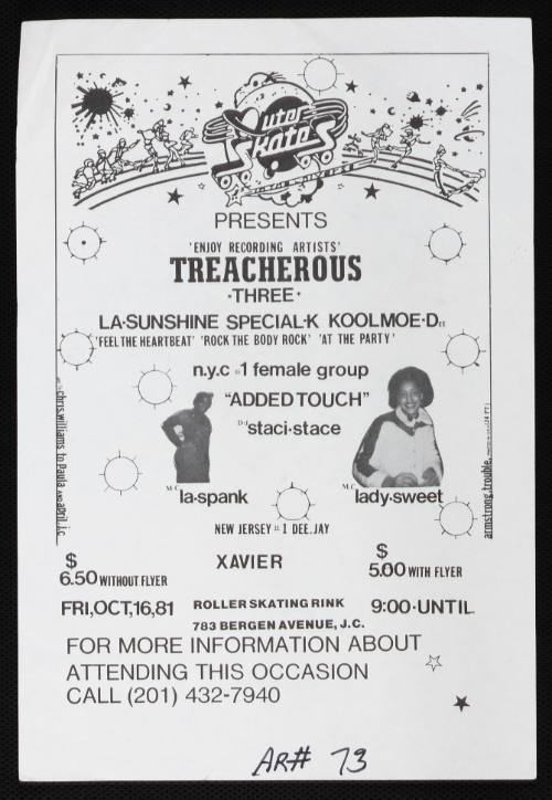 Outer Skates Presents Treacherous Three, Added Touch, DJ Xavier, Outer Skates Roller Skating Rink, Jersey City, NJ October 16, 1981