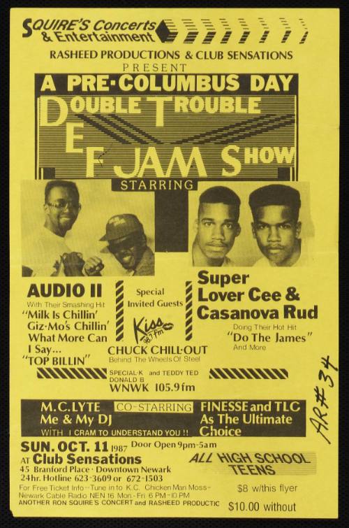 Rasheed Productions & Club Sensations Present A Pre-Columbus Day Double Trouble Def Jam Show Starring Audio II, Super Lover Cee & Casanova Rud, Club Sensations, Newark, NJ, October 11, 1987