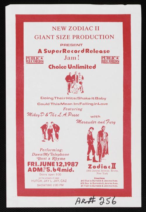 New Zodiac II Giant Size Production Present A Super Record Release Jam! Featuring Choice Unlimited, Mikey D. and the L.A. Posse, Zodiac II, New York, NY, June 12, 1987