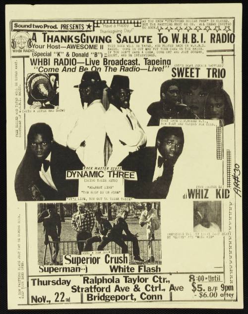 Sound Two Productions Presents, A Thanksgiving Salute To WHBI Radio, Featuring Sweet Trio, Dynamic Three, DJ Whiz Kid, Ralphola Taylor Center, Bridgeport, CT, November 22, 1984