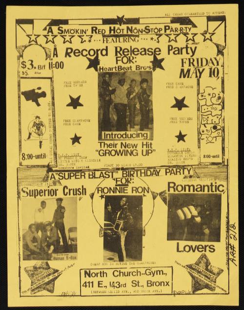 A Smokin' Red Hot Non Stop Party Featuring a Record Release Party for Heartbeat Brothers, Superior Crush, Ronnie Ron, North Church Gym, Bronx, NY, May 10, 1985