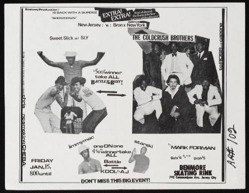 Ecstasy Production 2 is Back With A Super 82 Showdown Featuring Sweet, Slick and Sly, The Cold Crush Brothers, Benmore Skating Rink, Jersey City, NJ, January 15, 1982