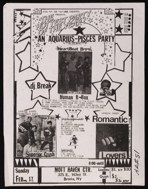 Cool "L" and "AL" - Bee Presents An Aquarius-Pisces Party Featuring Heartbeat Brothers, DJ Break, Mott Haven Center, Bronx, NY, February 17, 1984