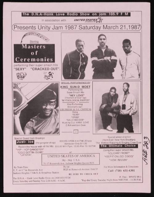 The DNA-Hank Love Radio Show on JAM 105.9 FM Presents Unity Jam 1987 Featuring Masters of Ceremonies, King Sun-D Moet, United Skates of America, Queens, NY, March 21,1987