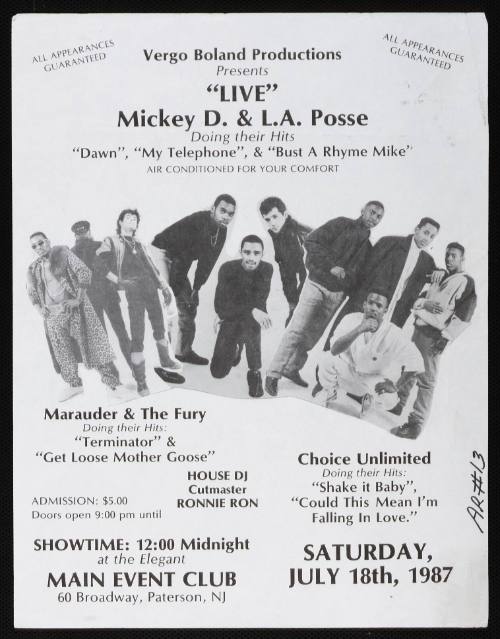 Vergo Boland Productions Presents Mikey D. and the L.A. Posse, Marauder and the Fury, Choice Unlimited, Main Event Club, Paterson, NJ, July 18th, 1987