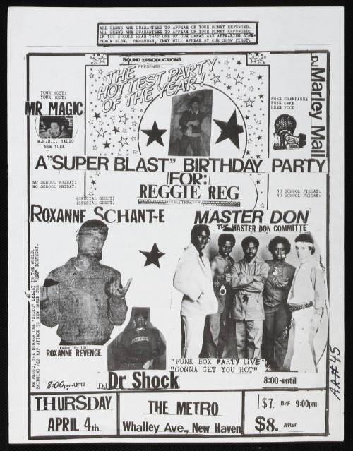 Sound 2 Productions Presents A "Super Blast" Birthday Party For Reggie Reg with Roxanne Schante, Master Don and the master Don Committee, The Metro, New Haven, CT, April 4, 1985