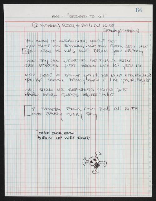 "(I Wanna) Rock and Roll All Nite: handwritten by Gene Simmons, 1975