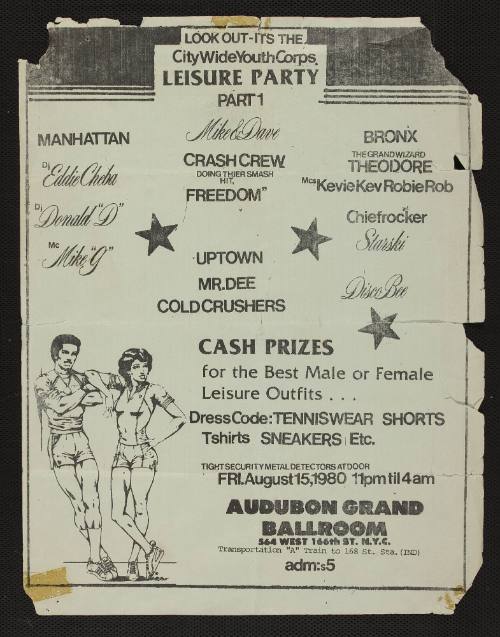 DJ Eddie Cheba, DJ Donald "D", MC Mike "G", Mike & Dave, Crash Crew, The Grand Wizard Theodore, MC Kevie Kev , MC Robie Rob, Mr. Dee, Cold Crushers, Chiefrocker Starski, Disco Bee, at Audobon Grand Ballroom, New York, NY, August 15, 1980