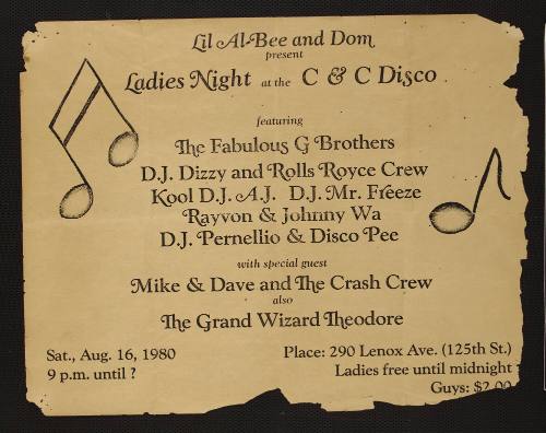 The Fabulous G Brothers, D.J. Dizzy and Rolls Royce Crew, Kool D.J. A.J., D.J. Mr. Freeze, Rayvon, Johhny Wa, D.J. Pernellio, Disco Pee, Mike & Dave, The Crash Crew, The Grand Wizard Theodore, at the C & C Disco, New York, NY, August 16, 1980