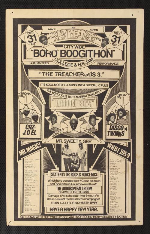 Citywide "Boro Boogithon" with The Treacherous 3, The Boogie Boys, Caz, J.D. El, Sweety Gee, Disco Twins, Mr. Magic, Dr. Rock, Force M.C.s, at the Audobon Ballroom, New York, NY, December 31, 1981