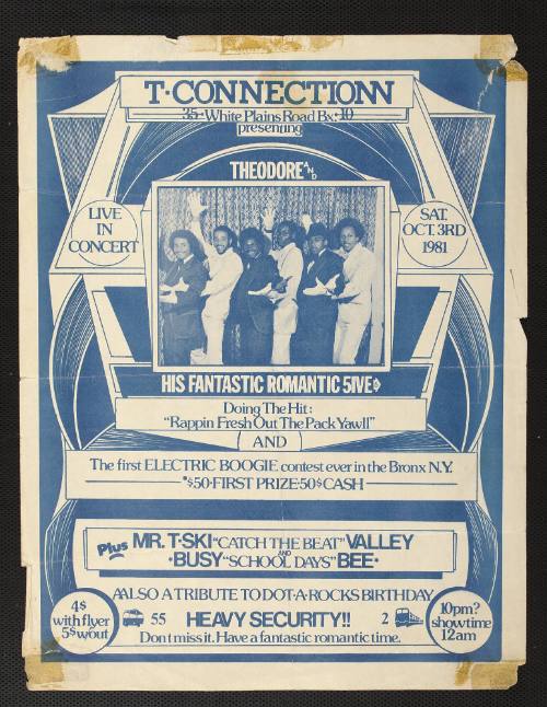 Theodore, Fantastic Romantic 5ive, Mr. T-Ski Valley, Busy Bee, at T-Connection, Bronx, NY, October 3, 1981