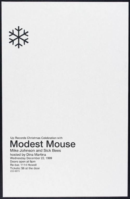 Up Records Christmas Celebration with Modest Mouse, Mike Johnson, and Sick Bees, hosted by Dina Martina at Re-bar, Seattle, WA, December 22, 1999