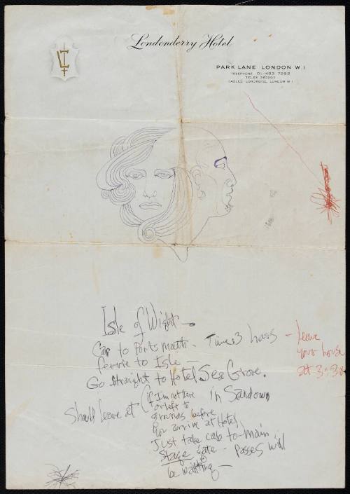 Directions to the Isle of Wight Festival Handwritten by Jimi Hendrix, August 29, 1970