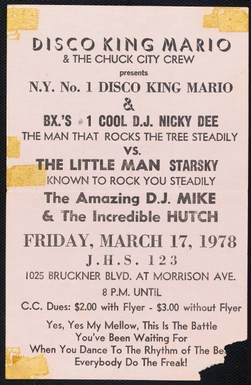 Disco King Mario & D.J. Nicky Dee Vs. The Amazing D.J. Mike & The Incredible Hutch, at J.H.S. 123, 1025 Bruckner Blvd. at Morris Ave., March 17, 1978